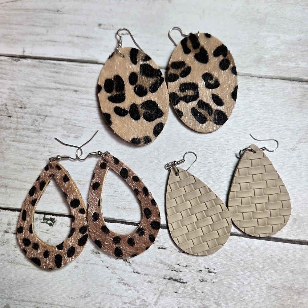 Leopard Print and Woven Teardrop Earrings Set